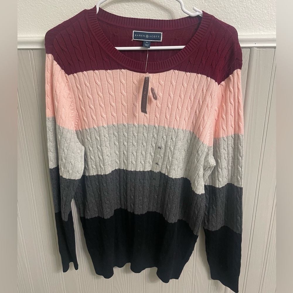 Karen Scott Women's Colorblock Cable Knit Sweater NWT sz XL Red Pink Gray Black